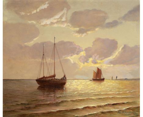Julius Hennemann, Künstler des 20.Jh.,  maritime Landschaft: ruhige See mit zwei Zweimastern, rechts unten signiert u. datier