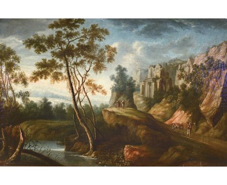 Zuschreibung: Willem de Heusch, 1625-1692 Utrecht,  zwei Männer blicken von einer Felsklippe in die weite Landschaft, auf dem