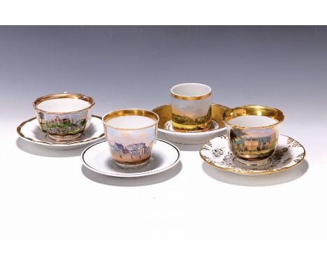 4 Ansichtstassen, deutsch, 1830-1870,  Porzellan, a. Gotha, Ansicht von Rheinhardsbrunn, reiche Goldstaffage, H. 7 cm, b. Ans