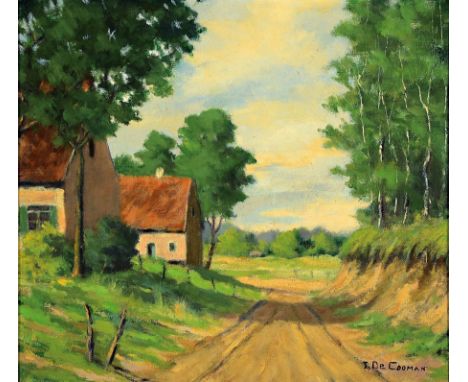 Jean de Cooman, 1893 Zandbergen/Belgien - 1949 ebenda,  Studium an der Akademie Brüssel, sommerliche Dorfansicht, Öl/Platte, 