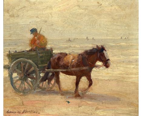 Arnold Moeller, 1886 Bückeburg-1963 Bruckmühl,  Fischer mit Pferdekarren am Strand, Öl/Lwd, links unten signiert, ca. 34x40cm