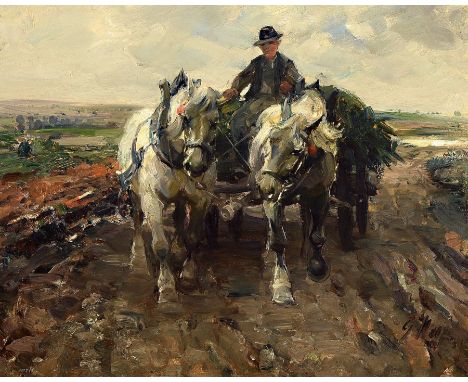 Georg Wolf, 1882 Düsseldorf-1962 Uelzen,  Bauer mit seinem Pferdewagen bei der Rückkehr von der Feldarbeit, Öl/Malkarton, rec