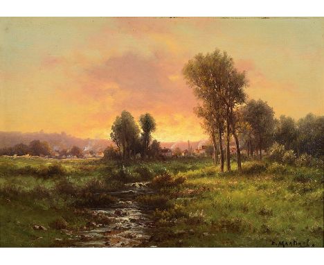 E. Martinol, frz. Maler um 1900,  Abendstimmung über einer Landschaft mit munterem Bachlauf und einem Dorf im Hintergrund, Öl