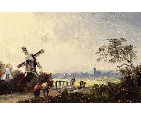 Erich Demmin, 1911 Ivenack-1997 Berlin,  Landschaft mit Windmühle, Öl/Holz, rechts unten signiert, ca. 8x13cm, R. ca. 22x26cm