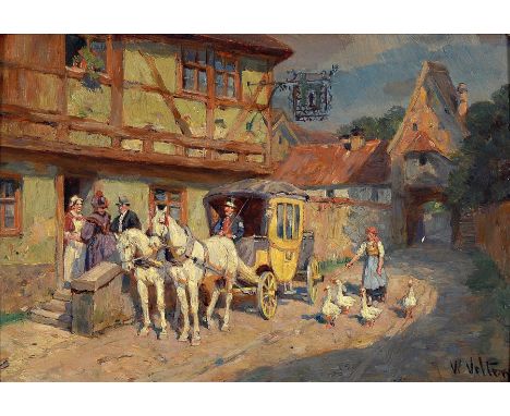 Wilhelm Velten, 1847 St. Petersburg-1929 München,  Postkutsche vor dem Gasthof, Öl/Holz, rechts unten signiert, ca. 15.5x 23.