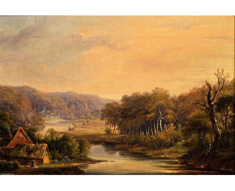 Charles Soubre, 1821 Lüttich - 1895 ebenda,  spätromantische Flusslandschaft mit Siedlungen u. Staffagefiguren (Magd u. Angle