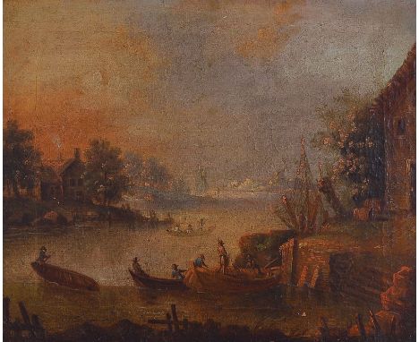 Unbekannter Künstler, Niederlande, um 1830-40,  weite Flußlandschaft mit Häusern am Ufer, Fischern und einer Stadt im Hinterg