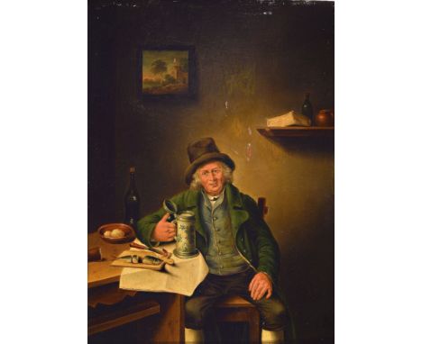 Thirfelder, deutsch, um 1820/30,  Brotzeit mit Walzenkrug, gekonnte Wiedergabe von Mimik u. Details, Öl/Holz, rechts unten si