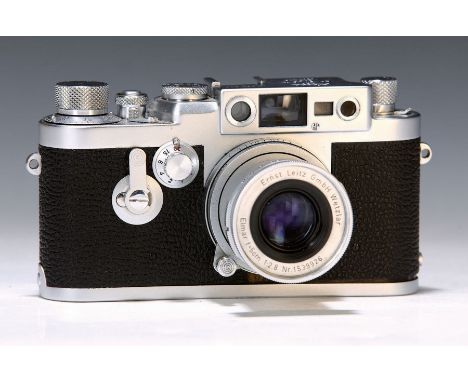 Leica Kamera 3 G, 1957,  Seriennr. 867275, Belederung mit kl. Fehlstelle unter dem Objektiv, Elmar 50mm 1:2.8, leichte Gebrau