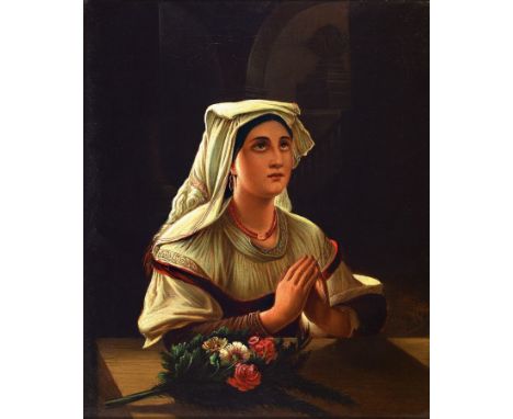 Sauter, Maler um 1850-1860,  Porträt einer betenden jungen Frau mit Haube und Blumen in einer Kirche, Öl/Lwd, rechts unten si