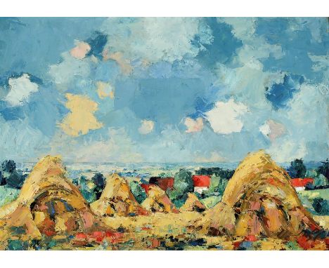 Eberhard Viegener, 1890 Soest-1967 Bilme,  deutscher Expressionist, Sommerliches Land, weite Landschaft mit Getreidegarben un
