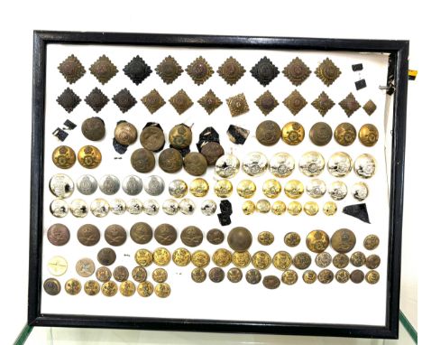 Large selection of framed vintage military etc buttons 