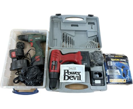 Three drills a Power Devil model PDD3724KKL, Bosch PSR 960 and a Work Zone drill- all untested