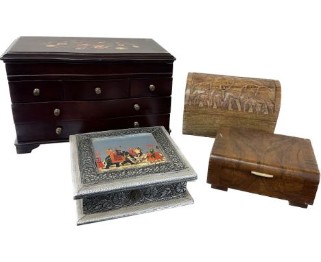 Selection of vintage boxes to include a jewellery box, carved Elephant wooden box etc, largest measures approximately 14 inch