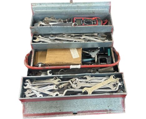 Metal cantilever tool box with tools 