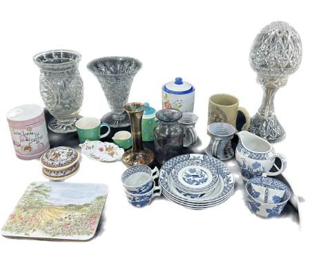 Selection of miscellaneous to include glass lamp, vases, blue and white porcelain, trinket box, clock etc