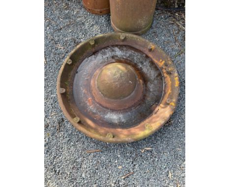 Vintage cast iron chicken feeder, approximate diameter 34 inches
