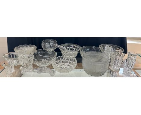 Large selection of assorted vintage glass ware to include vases, a large etched glass bowl, etc