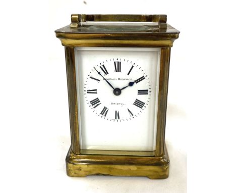 Vintage ' Charles Desprez Bristol' brass carriage clock measures approximately 4.5 inches tall 