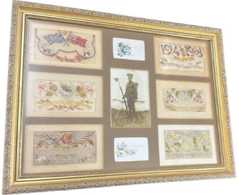 Framed First World War sweet heart silks measures approximately 18 inches wide by 12 tall 