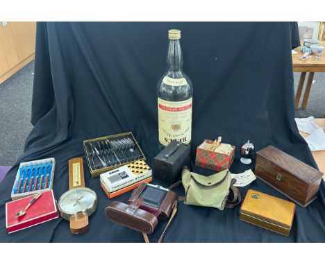 Selection of vintage collectable items to include cutlery sets, Brownie camera, Bells whisky bottle, tins etc