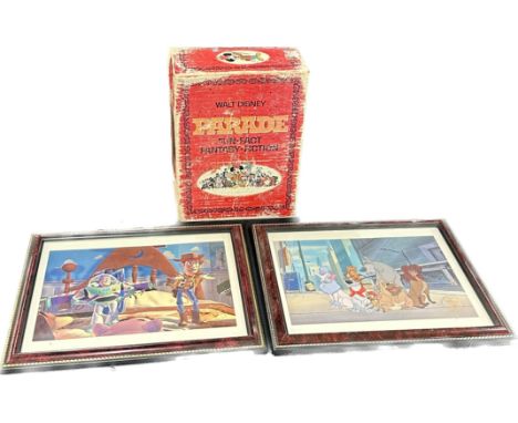 Vintage Walt Disney Parade Fun Fact Fantasy Fiction four volume book set along with two framed official 1996 ' The Disney Sto