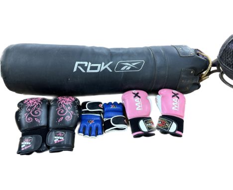 RBK punching bag and several sets of ladies  boxing gloves sixe 10 oz 