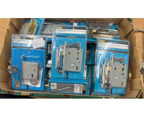 Six mortice sash locks, 3 lever with keys, 6 sets of door lever latches, 2 door controls, 1 full multi bolt hinged door lock-