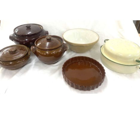 Selection of vintage cooking items to include three porcelain lidded dishes one marked Moira, a porcelain mixing bowl, a pie 