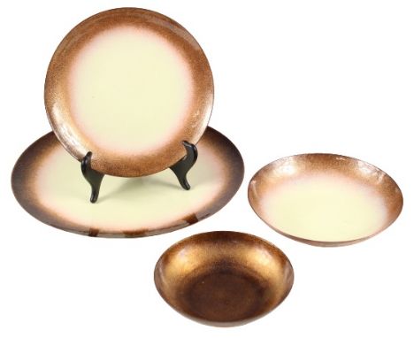 4 pc Enameled Copper Tableware. Includes: 11 in. plate, 7 3/4 in. plate, 7 in. bowl and 5 1/2 in. bowl. All signed. Wong's ce