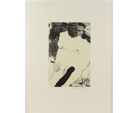Unframed erotic lithograph of a male nude, numbered 9/15, signed and dated in pencil lower right: R. Colescott '89. Robert Co