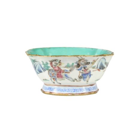 This is a Chinese antique finely enameled porcelain bowl with a turquoise center. It depicts two Chinese warriors on horsebac