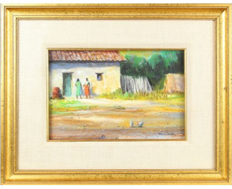 Beautiful vibrant pastel by Adrian Hansen, signed in the lower right. It is a exterior scene with a shed and two woman and tw