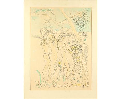 Lithograph of Le Judgement de Paris, 1971. Dalí's artistic repertoire included painting, graphic arts, film, sculpture, desig
