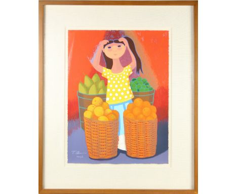 Serigraph by Trinidad Osorio with a female figure standing with 4 large baskets of fruit on all sides of her. It is titled "F