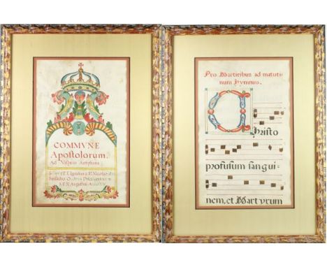 Pair of framed illuminated vellum manuscript pages, double sided, from a 1767 Spanish antiphonarium, or choir book. An Antiph