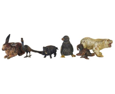 This is quite the menagerie of 19th century European cold painted bronze animal figures, including a polar bear, boar, turkey