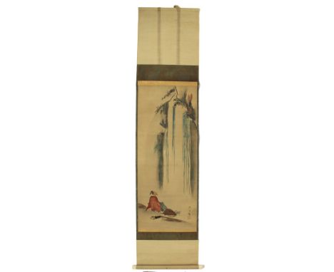 This is a large Chinese scroll depicting a seated man viewing a waterfall. It is signed in the lower right. Size: 71 1/4 x 19