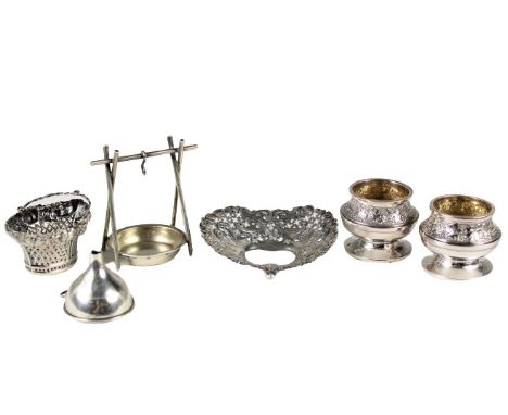 Collection consisting of pair of embossed open salts, small gilt lined funnel, small tea strainer holder, Gorham reticulated 