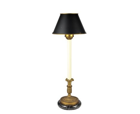 Candlestick Table Lamp, having single light concealed by metal shade, faux candle standard, heavy metal and marble base. Size