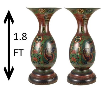 Pair of Japanese Cloisonne Enamel Vases, Meiji Period, decorated with dragon cartouches. They are signed on the bottom of the
