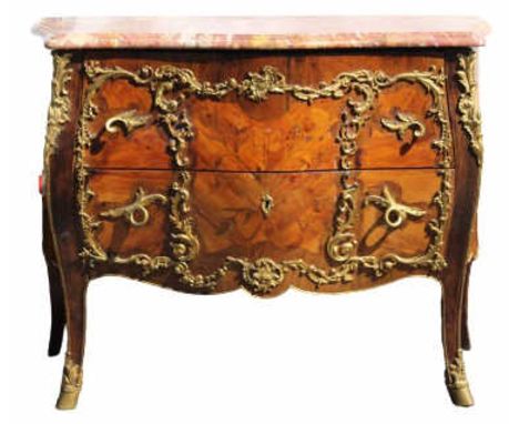 Impressive kingwood and tulipwood marquetry and parquetry gilt bronze mounts bombay commode, it is decorated with ogee molded