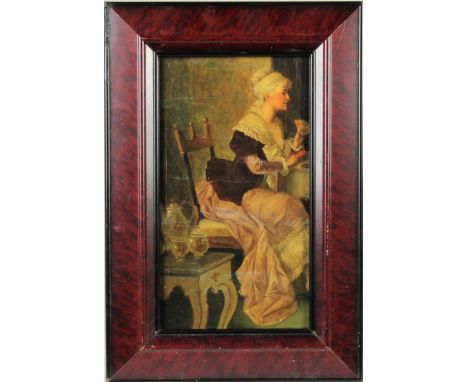 19th c European oil painting of a woman playing cards. It appears to be unsigned. Sight: 9 1/2 x 5 1/4 in. Overall: 13 1/4 x 