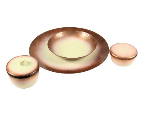 Enameled Copper Tableware Includes: 11 in. plate, 7 in. bowl, 2 covered bowls, all signed. Wong's ceramics have been placed i