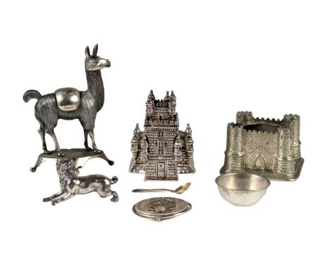 Miscellaneous collection of silver-plated items: Castlated form open salt with liner; castlated heavy form open salt with sil