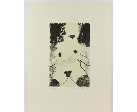 Unframed erotic lithograph of a female nude with stockings, numbered 9/15, signed and dated in pencil lower right: R. Colesco