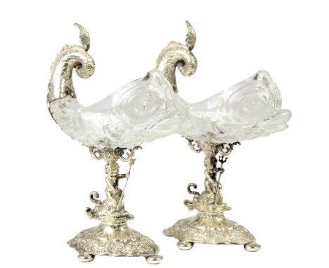 Pair of Antique German Renaissance Silver &amp; Cut Glass Sweetment Dolphin Bowl. Turn of the century 800 Silver and cut glas