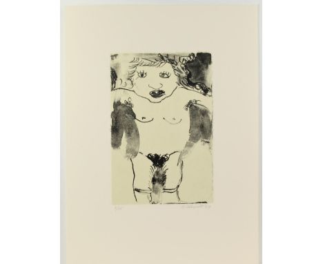 Unframed erotic lithograph of a female nude, numbered 9/15, signed and dated in pencil lower right: R. Colescott '89. Robert 