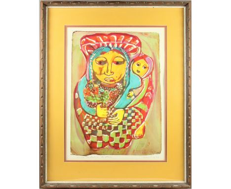 Brightly colored lithograph entitled "Vendedora de Flores", 73/75, titled, signed and dated: Nan Cuz '73. Cuz's work presents