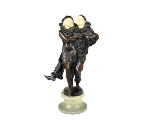 Austrian bronze &amp; onyx statue of Pierrot &amp; Pierrette dancing together. Pierrot &amp; Pierrette are traditionally know